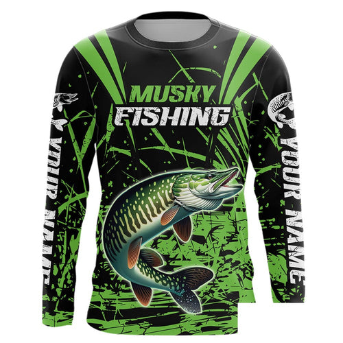 Customized Musky Fishing Long Sleeve Tournament Shirts, Muskie Fishing Gifts For Fisherman | Green IPHW6648
