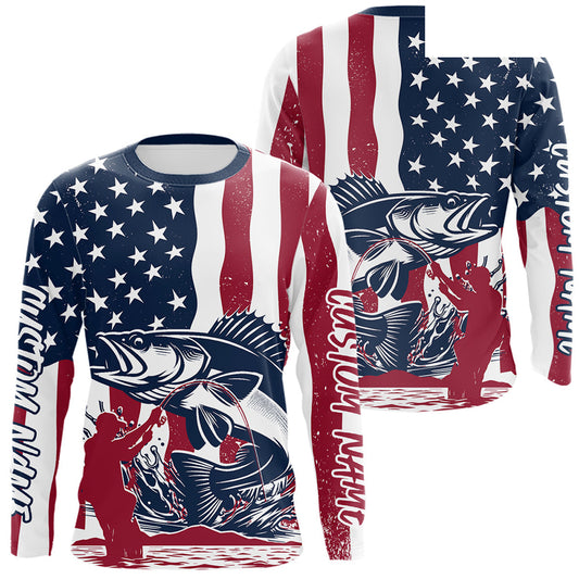 Custom Patriotic Walleye Long Sleeve Fishing Shirt, American Flag Fishing Jerseys IPHW9153