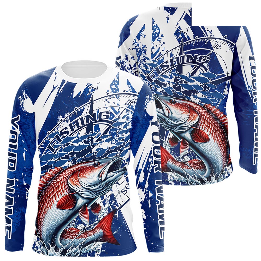 Custom Blue Camo Redfish Puppy Drum Saltwater Fishing Long Sleeve Performance Fishing Shirts IPHW9160