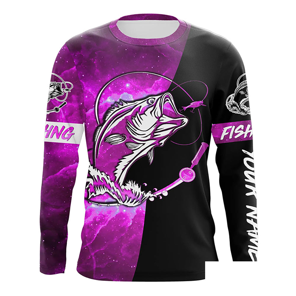 Bass Fishing tattoo pink galaxy black Custom name performance UV protection long sleeve fishing shirts NQS5399