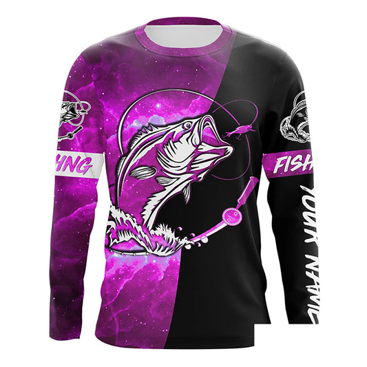 Bass Fishing tattoo pink galaxy black Custom name performance UV protection long sleeve fishing shirts NQS5399