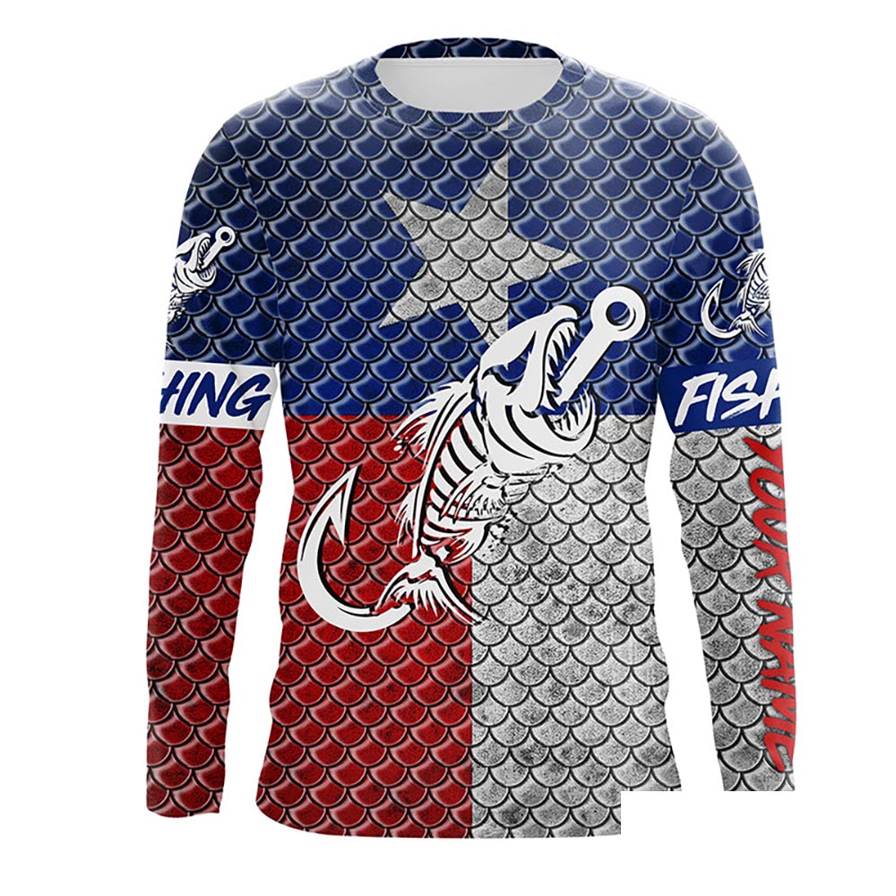 Texas fishing Fish hook fish skull scales Custom Name sun protection long sleeve fishing shirts NQS5169
