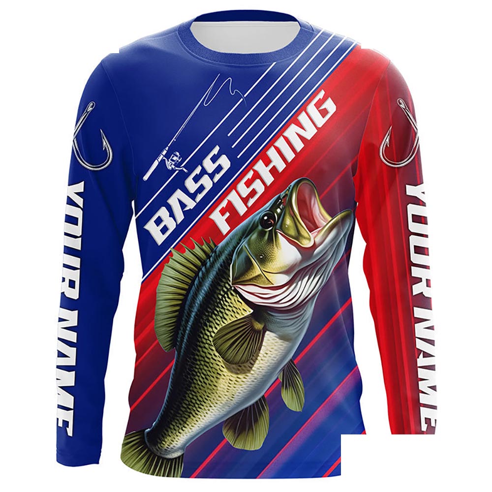 Custom Bass Fishing Long Sleeve Tournament Shirts, Red White And Blue Colors Bass Fishing Jerseys IPHW6312