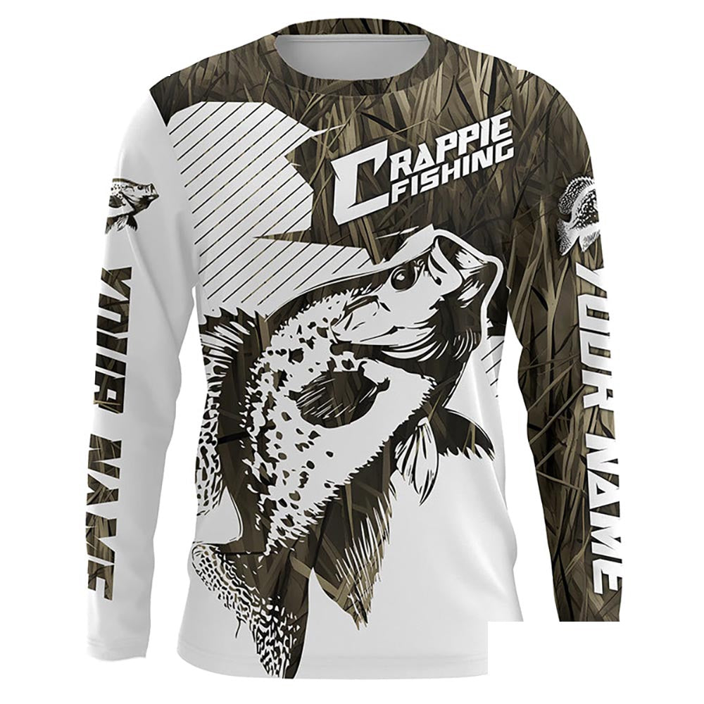 Crappie Fishing Long Sleeve Tournament Fishing Shirts, Custom Crappie Fishing Jerseys |Brown Camo IPHW6339