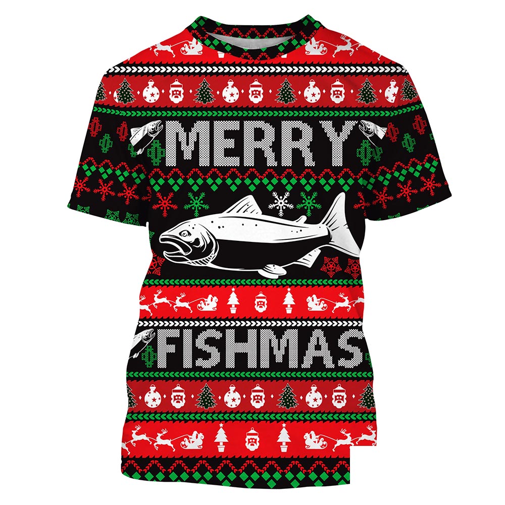 Merry Fishmas funny ugly Christmas salmon fishing T-shirt, gift for fishing lovers NPQ338