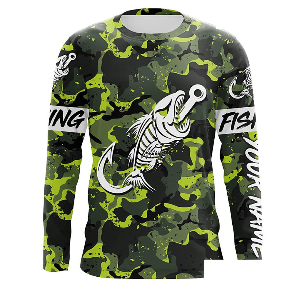Fish hook skull Green Camo fish reaper Custom name fishing jerseys | Long sleeve, Long Sleeve Hooded NPQ838