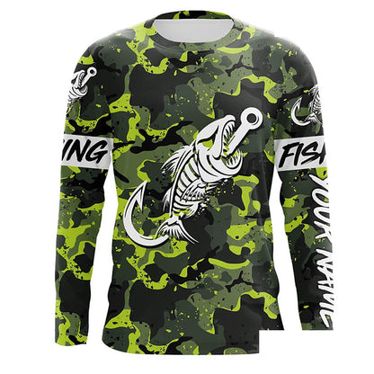 Fish hook skull Green Camo fish reaper Custom name fishing jerseys | Long sleeve, Long Sleeve Hooded NPQ838