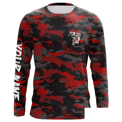 Bass fishing Red camouflage Custom Name Long sleeve, Long Sleeve Hooded Fishing Shirt - NPQ662