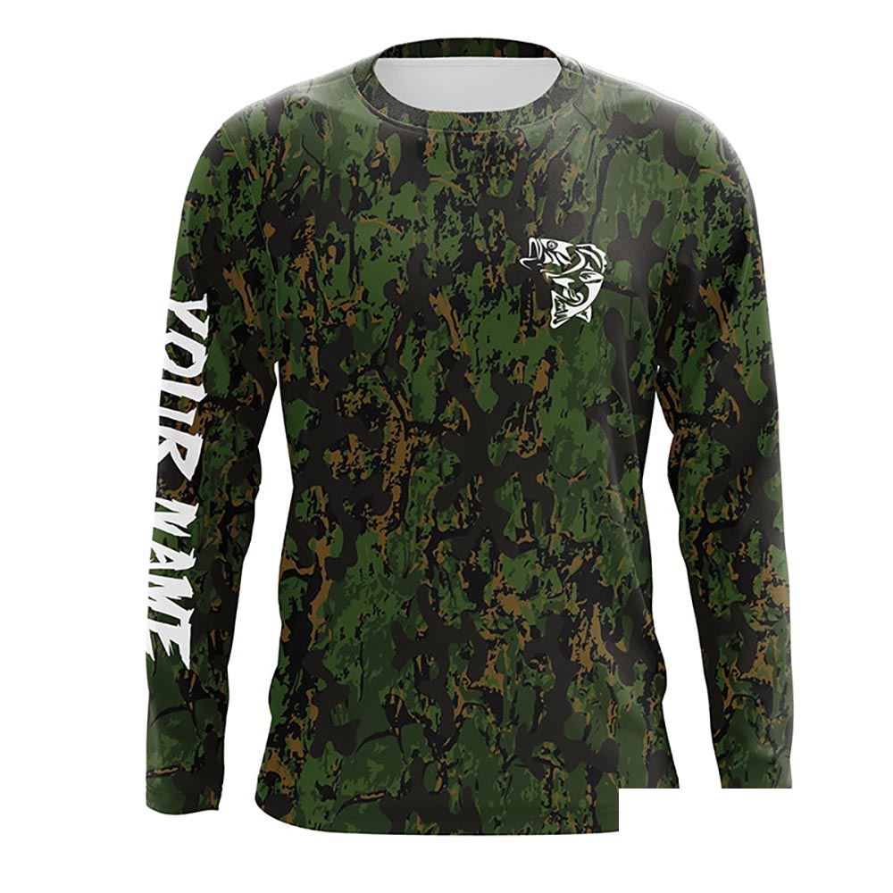Custom Bass Fishing Jerseys, Personalized Bass fishing green camouflage fishing Long sleeve shirts NQS4933