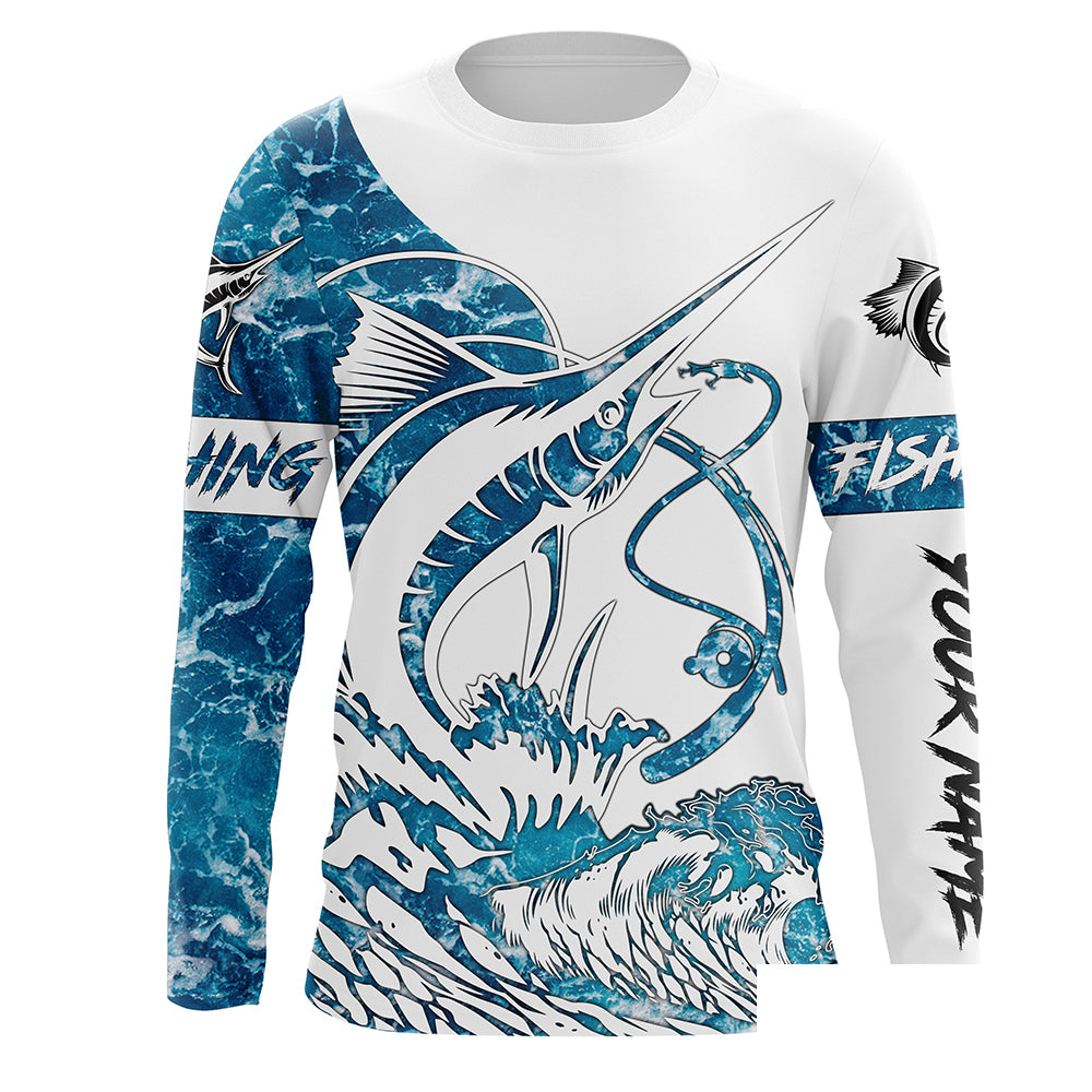 Sailfish fishing tattoo blue sea wave ocean camo Custom name Long sleeve fishing shirts, Long Sleeve Hooded NPQ902