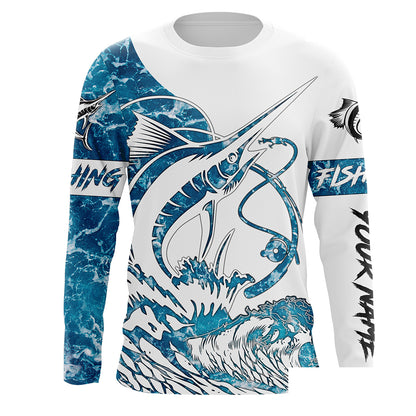 Sailfish fishing tattoo blue sea wave ocean camo Custom name Long sleeve fishing shirts, Long Sleeve Hooded NPQ902