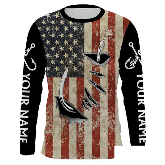 US Fishing Fish Hook American Flag patriotic Customize Name UV protection UPF 30+ long sleeves fishing shirt for men NPQ71