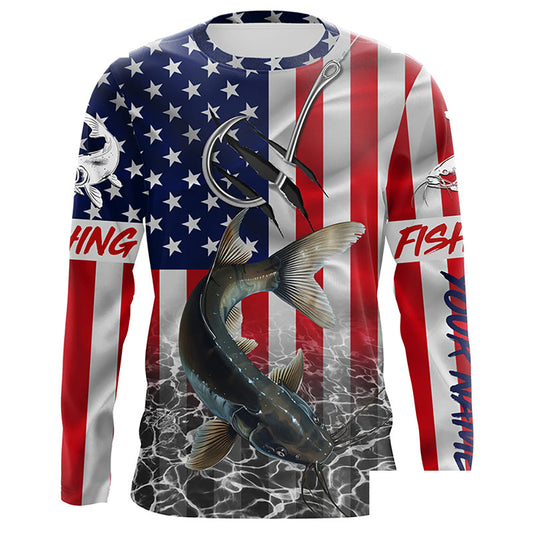 American Flag Catfish Fish hook Custom long sleeve performance Fishing Shirts, Catfish Fishing jerseys NQS5535