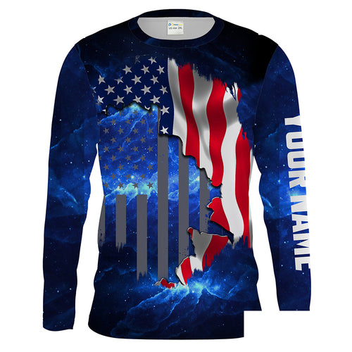 American Flag Universe patriotic Blue Customize Name long sleeves fishing shirt for men NPQ84