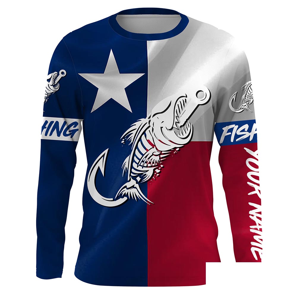 Texas flag fishing Fish hook fish skull Custom fishing Long sleeve, Long Sleeve Hooded NPQ774