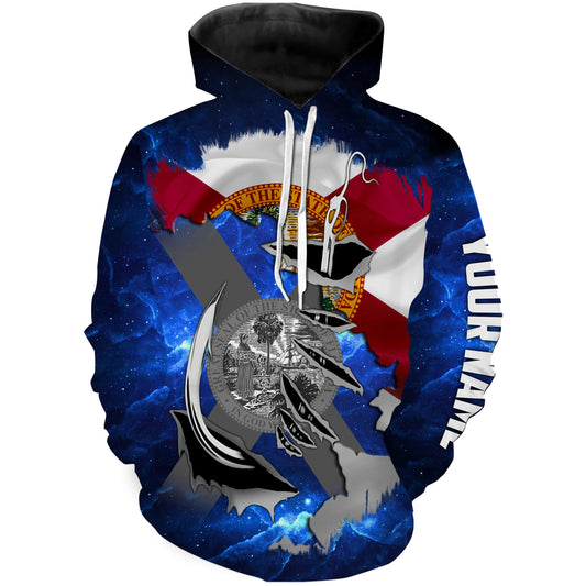 Florida FL Fishing Fish Hook Flag blue Universe patriotic Custom name fishing jerseys  | Hoodie - NPQ854