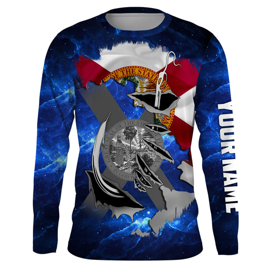 Florida FL Fishing Fish Hook Flag blue Universe patriotic Custom name Long sleeve, Long Sleeve Hooded NPQ854