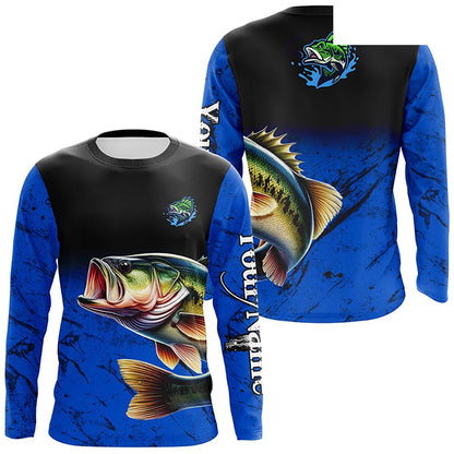 Custom blue Largemouth Bass Fishing Jerseys, personalized bass fishing tournament Long sleeve shirt NQS5070