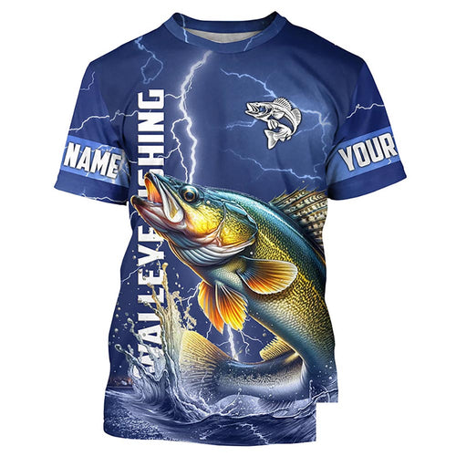 Walleye Fishing blue lightning jerseys custom name performance Fishing T-shirt NQS5352