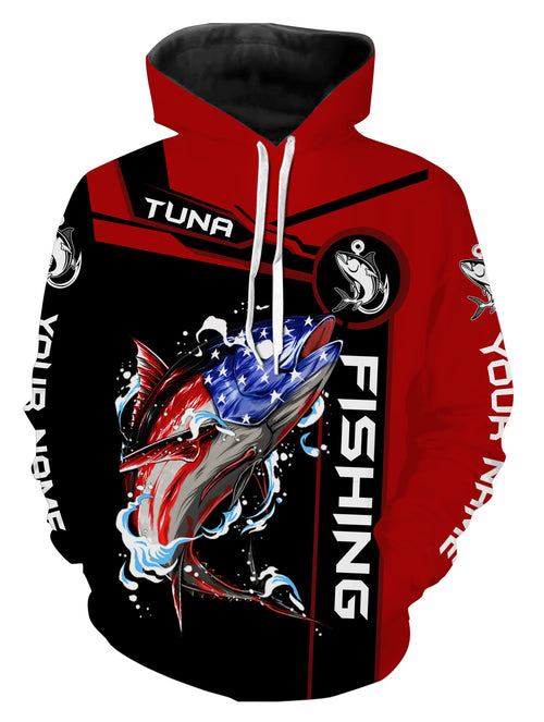 Tuna fishing American flag patriotic Custom Name Fishing shirts - Red | Hoodie - NPQ680