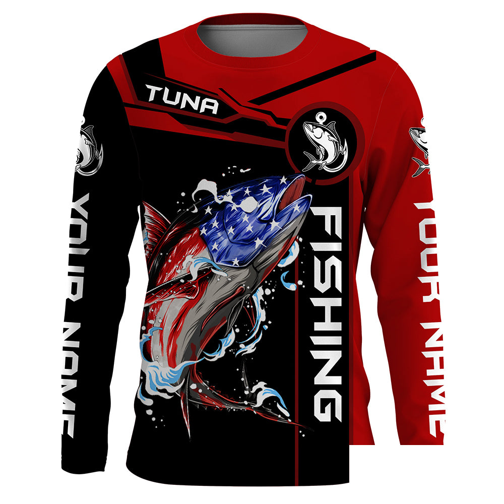 Tuna fishing American flag patriotic Custom Name Long sleeve, Long Sleeve Hooded  - Red NPQ680