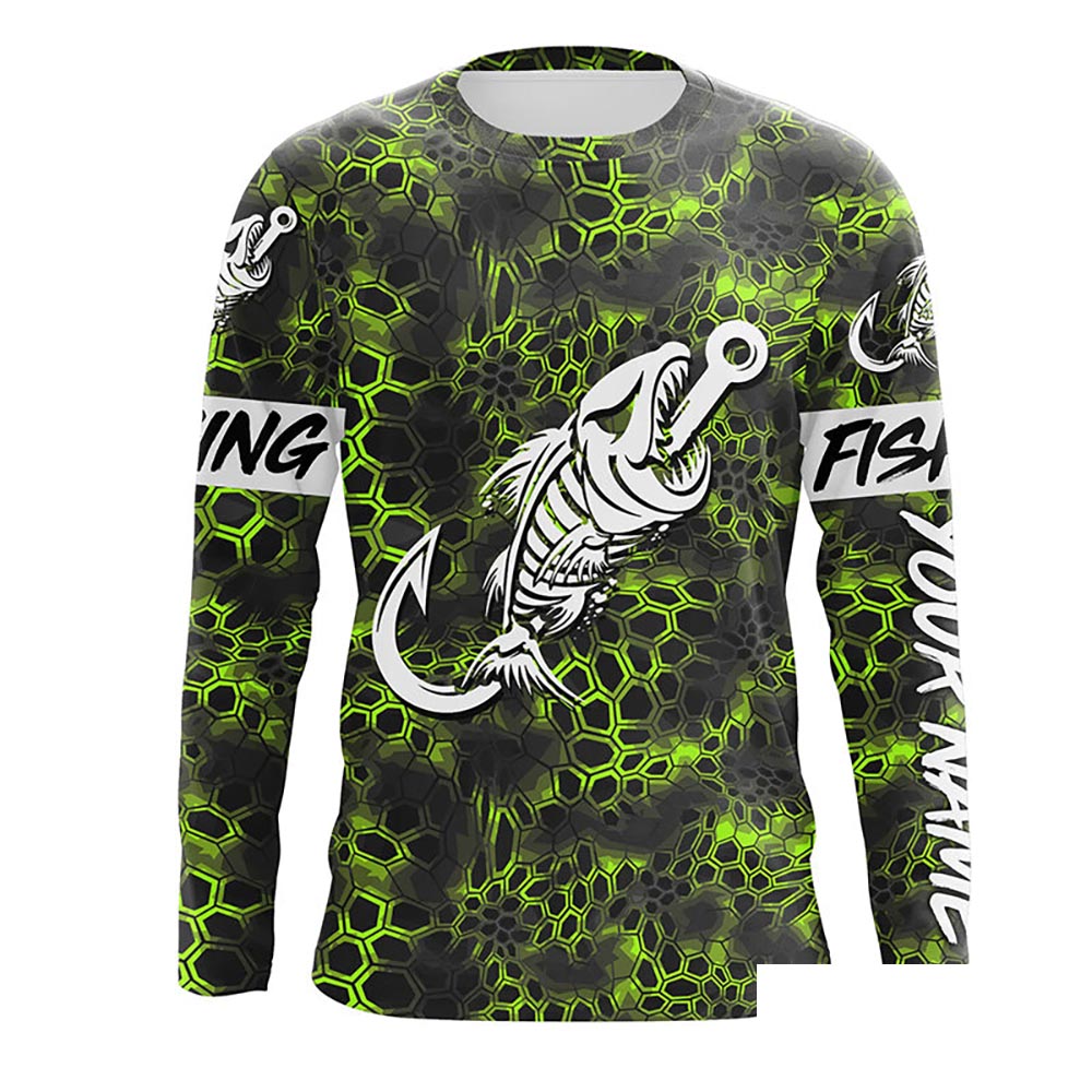 Custom Green Camo Long sleeve fishing shirt Fish hook skull sun protection Long sleeve fishing jersey NQS5085
