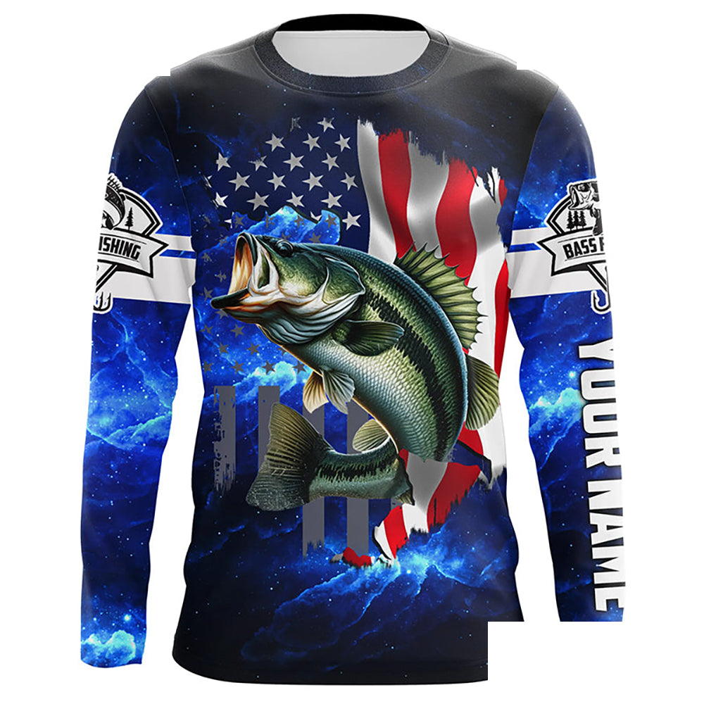 Bass Fishing 3D American Flag patriotic blue galaxy Custom UV protection long sleeve Fishing Shirts NQS5397