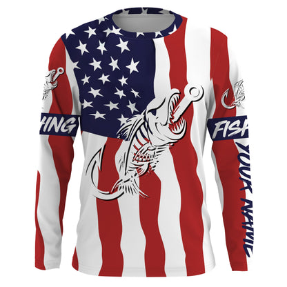 American flag fishing Fish hook skull personalized fishing shirts custom Long sleeve, Long Sleeve Hooded NPQ689