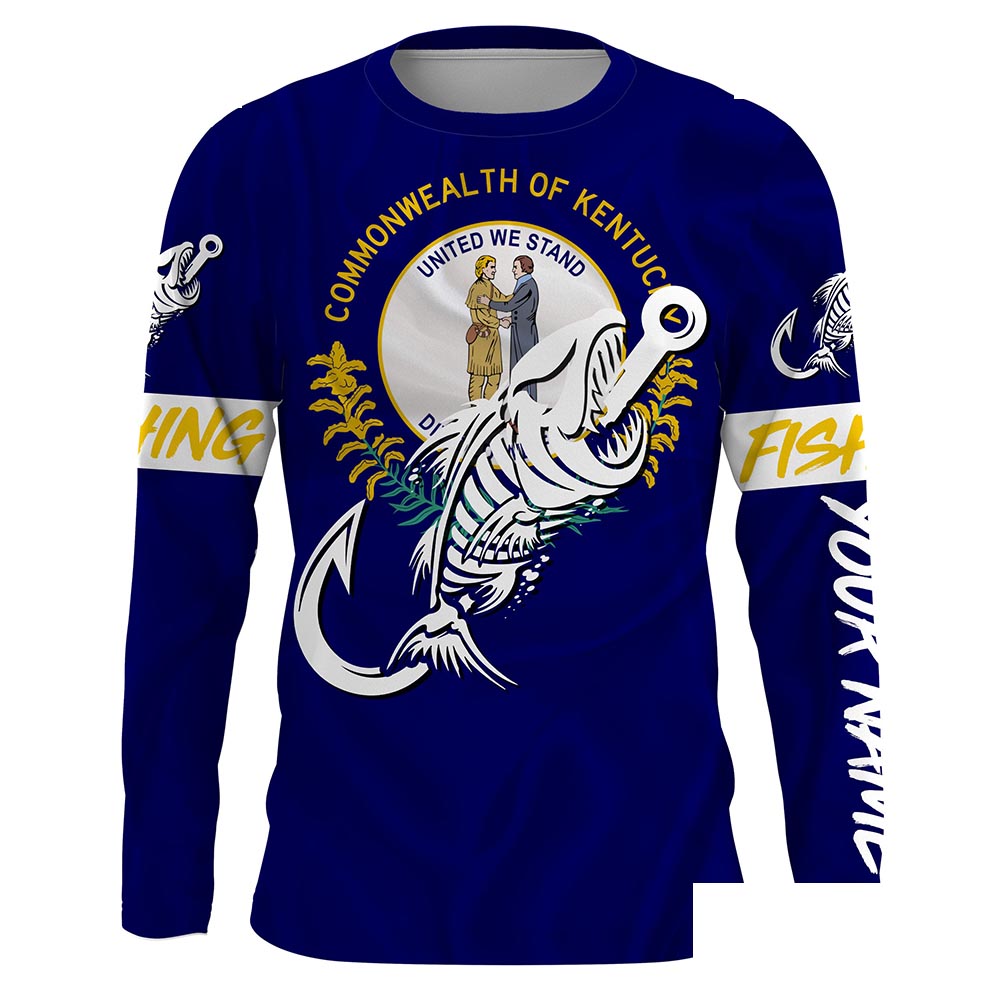 KY Kentucky Fishing Flag Fish hook skull Custom name jerseys | Long sleeve, Long Sleeve Hooded NPQ729