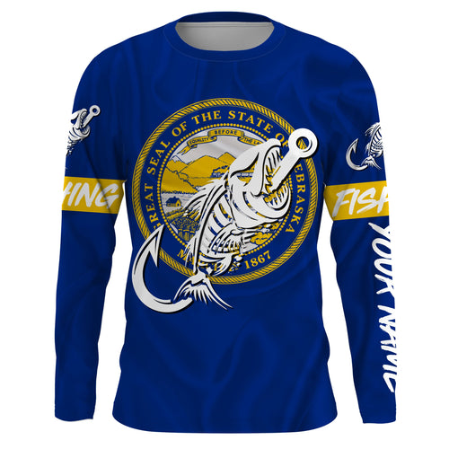 NE Nebraska Fishing Flag Fish hook skull Custom name jerseys | Long sleeve, Long Sleeve Hooded NPQ733