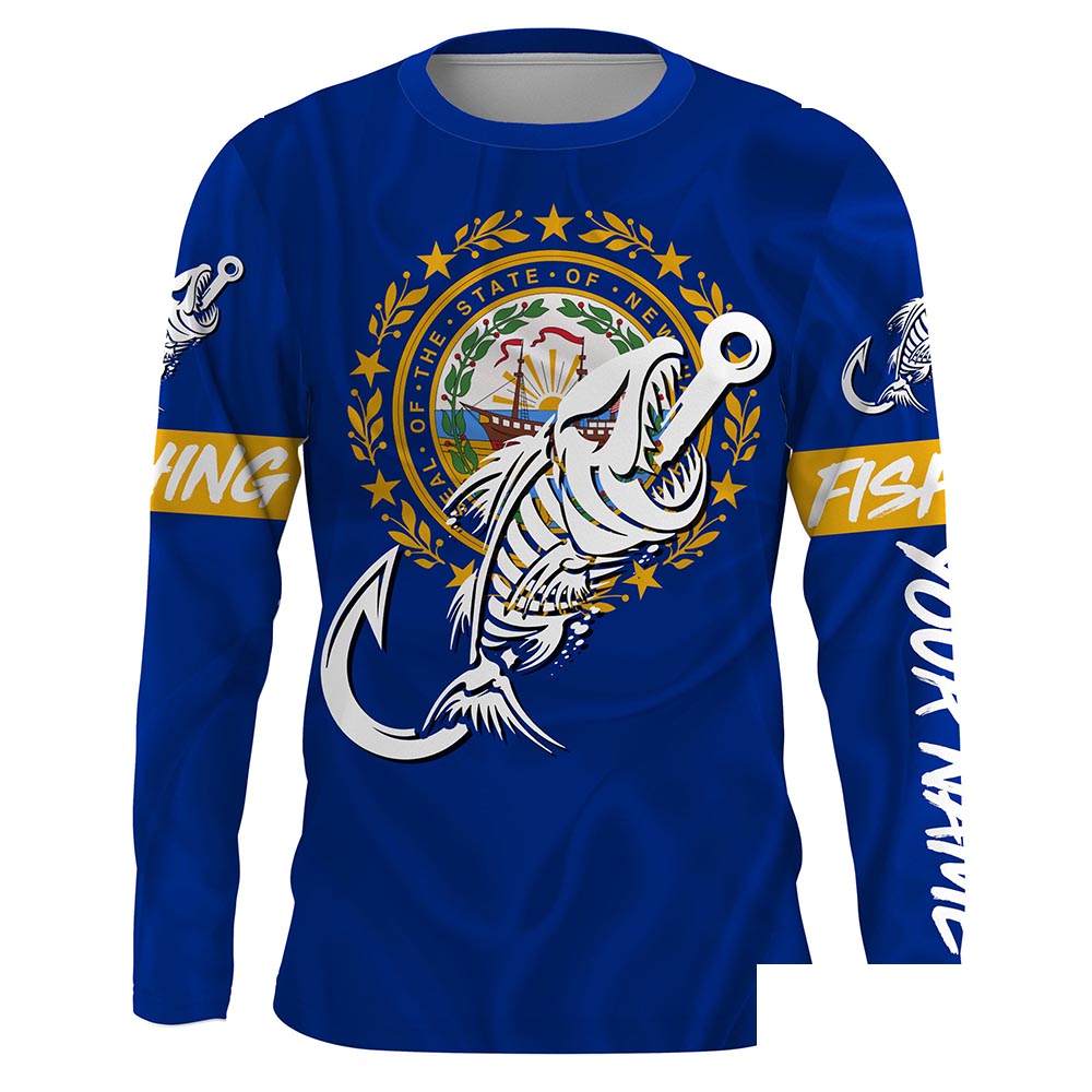 NH New Hampshire Fishing Flag Fish hook skull Custom name jerseys | Long sleeve, Long Sleeve Hooded NPQ735