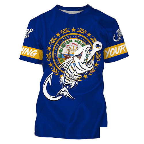 NH New Hampshire Fishing Flag Fish hook skull Custom name performance fishing jerseys | Tshirt - NPQ735