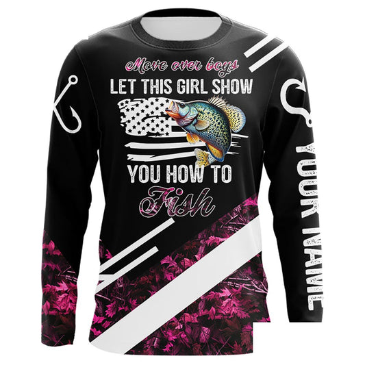 Move over boys let this girl show you how to fish Crappie pink camo custom Long sleeve fishing shirt NQS9471