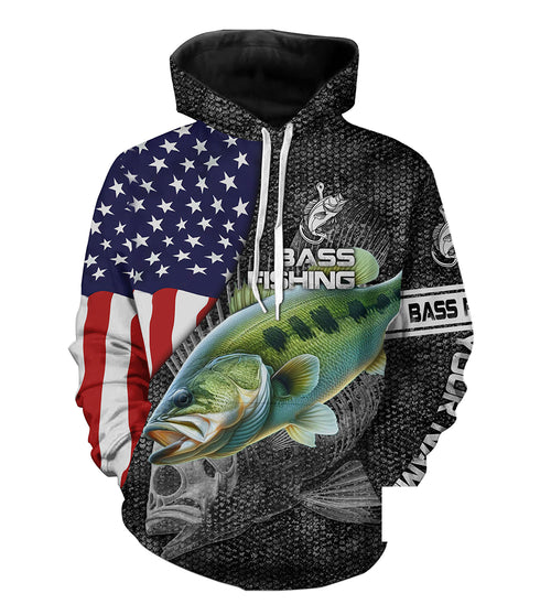 Largemouth Bass fishing American flag patriot Custom name fishing shirts jerseys  | Hoodie - NPQ872
