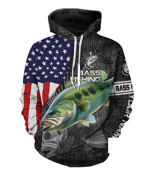 Largemouth Bass fishing American flag patriot Custom name fishing shirts jerseys  | Hoodie - NPQ872