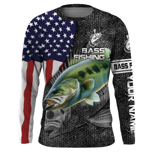 Largemouth Bass fishing American flag patriot Custom name Long sleeve, Long Sleeve Hooded NPQ872