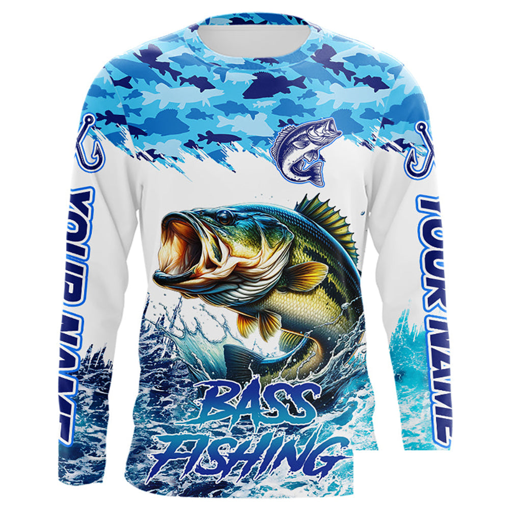 Bass fishing Blue ocean camo Custom UV protection fishing long sleeve shirt, Bass Fishing jerseys NQS9341