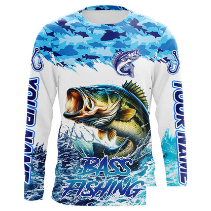 Bass fishing Blue ocean camo Custom UV protection fishing long sleeve shirt, Bass Fishing jerseys NQS9341
