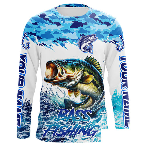 Bass fishing Blue ocean camo Custom UV protection fishing long sleeve shirt, Bass Fishing jerseys NQS9341