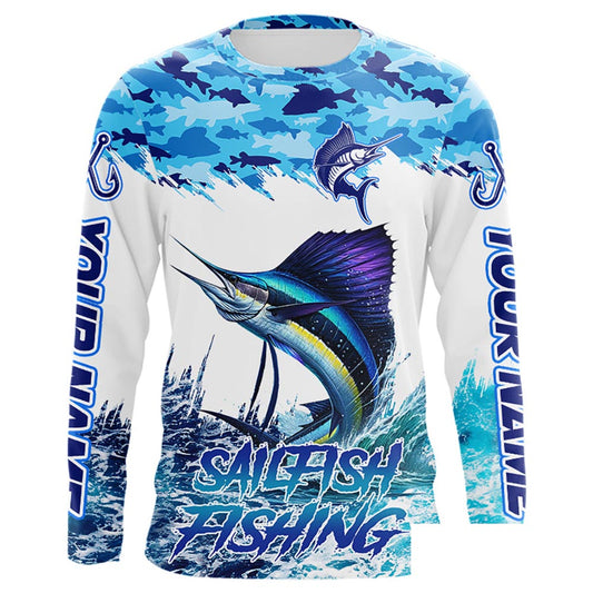 Sailfish fishing Blue sea camo Custom UV protection fishing long sleeve shirt, Sailfish Fishing jersey NQS9342