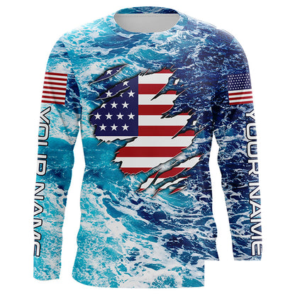 Blue sea wave ocean camo American flag patriot shirt Custom sun protection fishing long sleeve shirts NQS5429