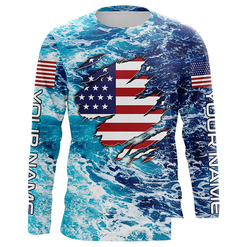 Blue sea wave ocean camo American flag patriot shirt Custom sun protection fishing long sleeve shirts NQS5429