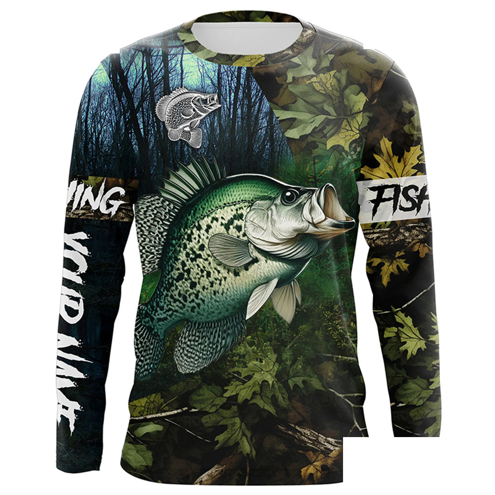 Crappie fishing green muddy camo Customize name Long sleeve Fishing shirts, personalized fishing gift ideas NPQ231