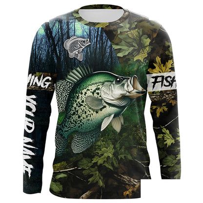 Crappie fishing green muddy camo Customize name Long sleeve Fishing shirts, personalized fishing gift ideas NPQ231