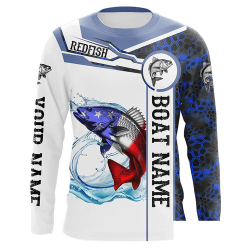 Redfish Fishing blue camo American Flag Custom name & boat name performance Long Sleeve Fishing Shirts NQS5191