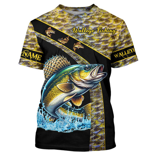 Walleye fishing yellow Walleye scales Custom name fishing Tshirt jerseys, Walleye fishing Tshirt NQS4890