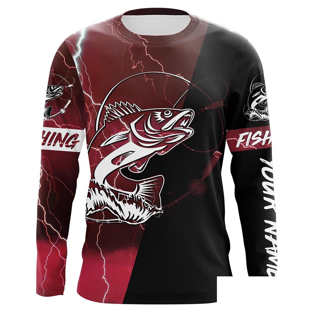Walleye Fishing tattoo red lightning camo black custom Long sleeve, Long Sleeve Hooded NPQ698