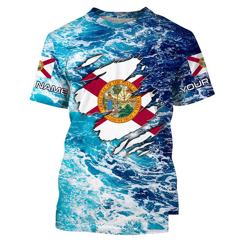 Blue sea wave ocean camo Florida flag Custom name performance fishing jerseys | Tshirt - NPQ756