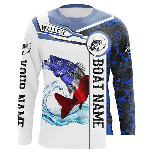 Walleye Fishing blue camo American Flag Custom name and boat name Long sleeve, Long Sleeve Hooded NPQ758