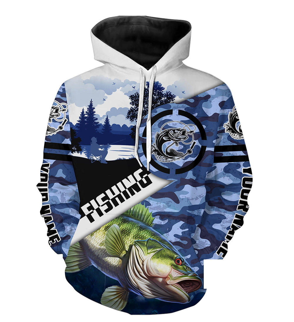 Largemouth Bass fishing blue camouflage Customize fishing hoodie, gift for fisherman NPQ452